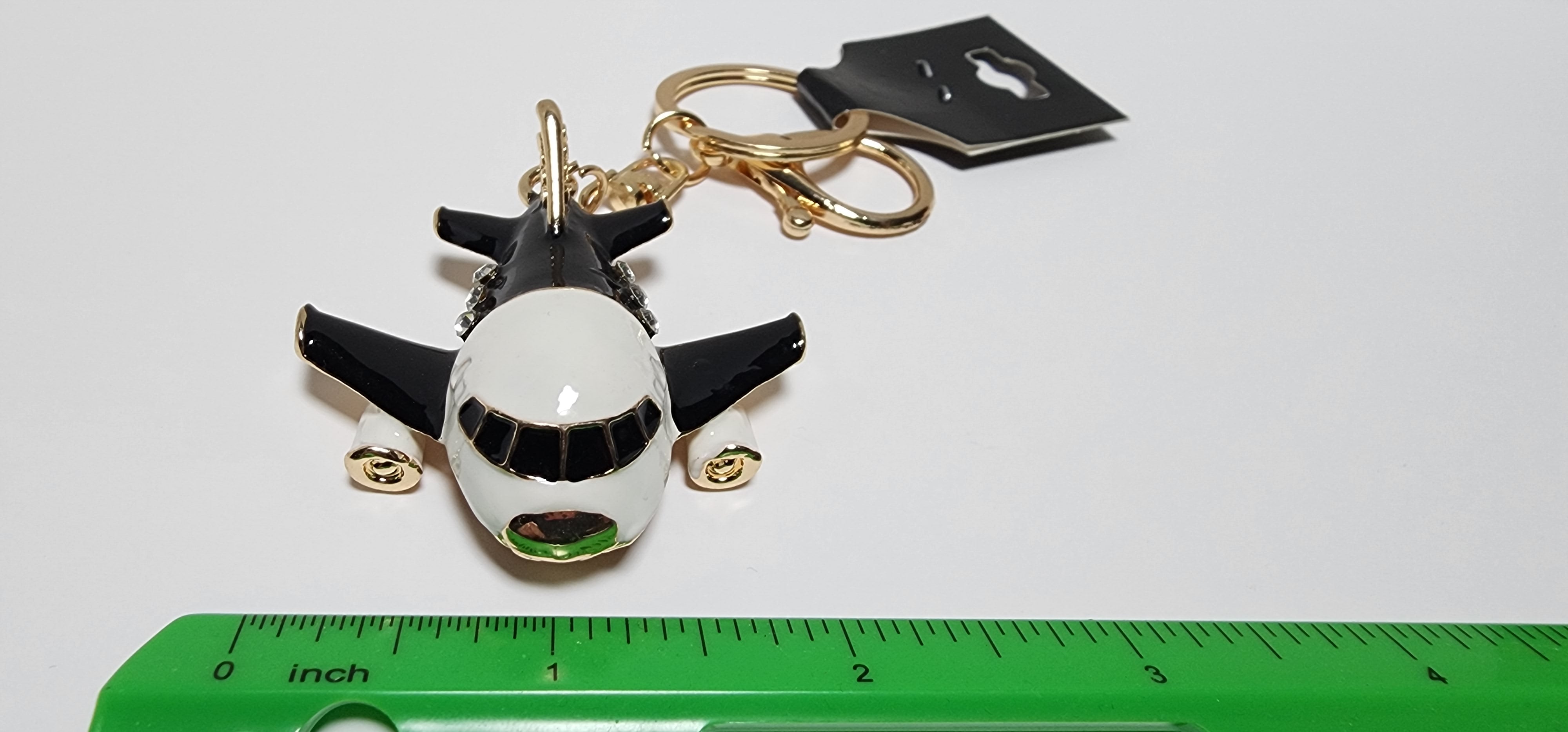 Enameled Black and Rhinestone Bling Airliner Keychain