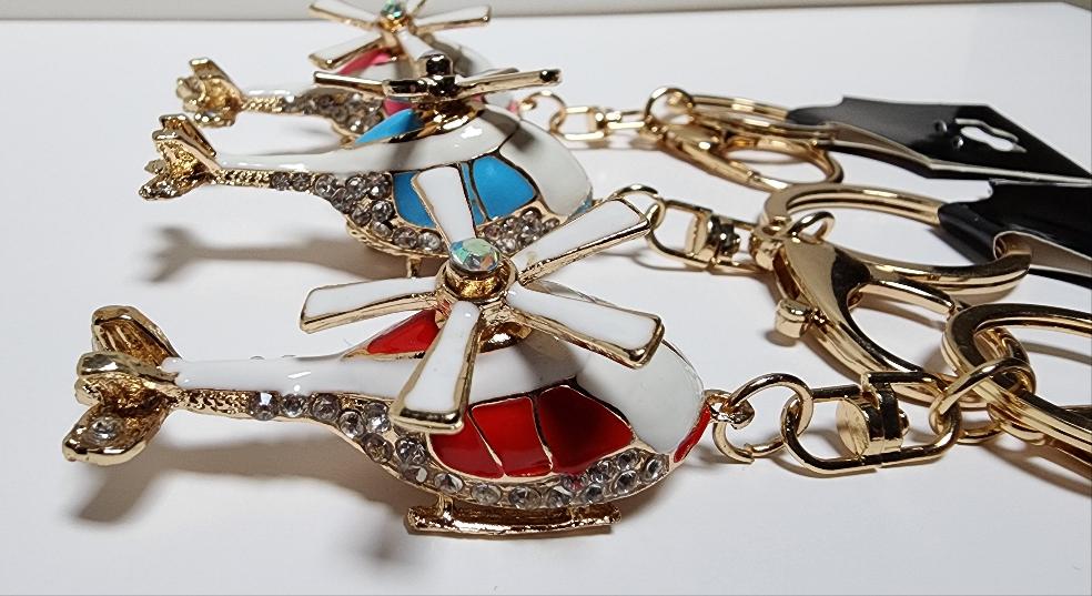 Enameled Color and Rhinestone Bling Helicopter Keychain