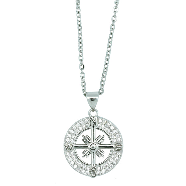 Compass Rose Cubic Zirconia Silvertone Necklace