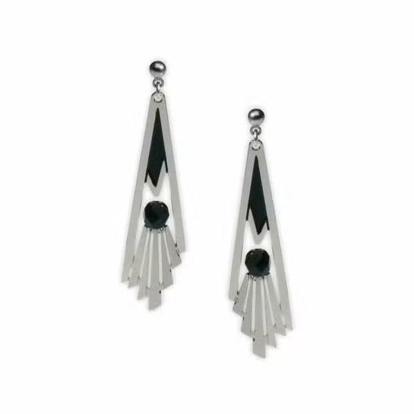 Art Deco Grand Staircase Rail Detail - Black Bead & Black Enamel Earrings