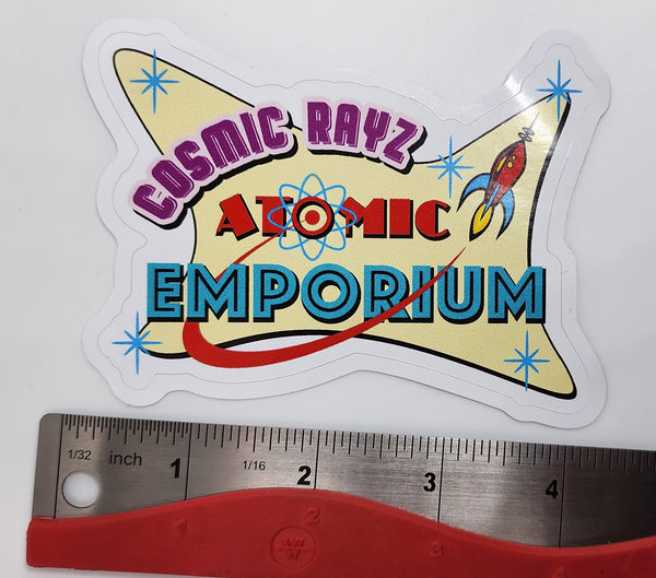 Pegatina grande con el logotipo de Atomic Emporium de Cosmic Rayz