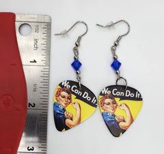 Rosie the Riveter Guitar Pick Earrings with Blue Swarovski Crystals