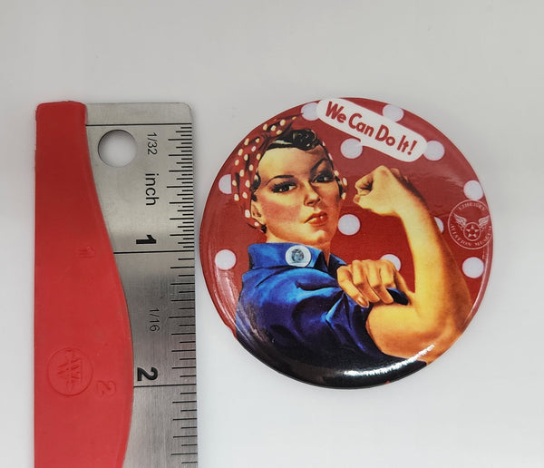 Imán redondo rojo y blanco con la frase "We Can Do It" de Rosie la remachadora