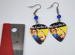 Rosie the Riveter Guitar Pick Earrings with Blue Swarovski Crystals