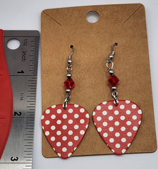 Rosie the Riveter Red & White Polka Dot Guitar Pick Earrings with Red Swarovski Crystals