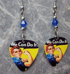 Rosie the Riveter Guitar Pick Earrings with Blue Swarovski Crystals