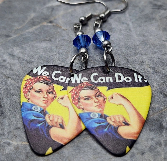 Rosie the Riveter Guitar Pick Earrings with Blue Swarovski Crystals