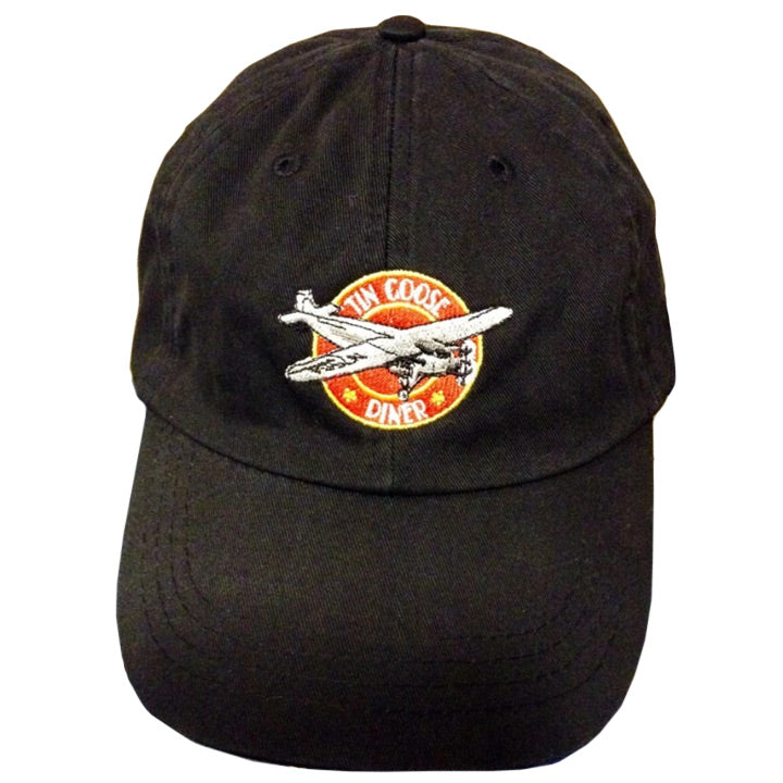 Adjustable size, low profile baseball hat with the Tin Goose Diner logo. Color: Khaki or Black