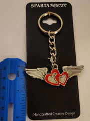 Sweetheart Red Lined Heart 3D Wings Pewter Keychain
