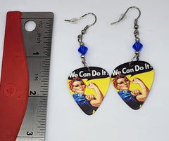 Rosie the Riveter Guitar Pick Earrings with Blue Swarovski Crystals