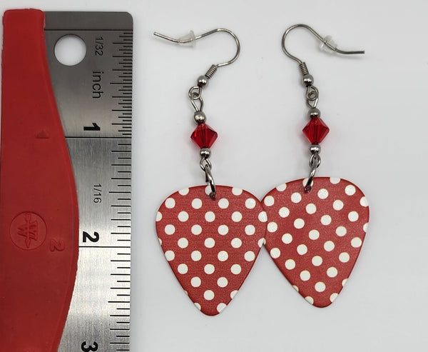 Rosie the Riveter Red & White Polka Dot Guitar Pick Earrings with Red Swarovski Crystals