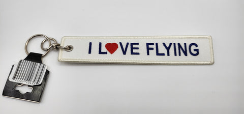 I Love Flying Embroidered White Keychain