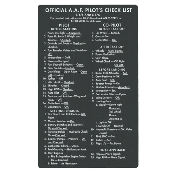 Replica Official A.A.F. Pilot's Check List for B-17F & B-17G