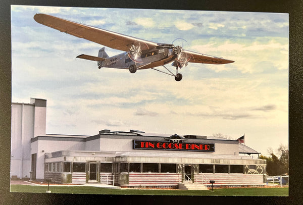 Tin Goose Diner with Ford Tri-Motor in Flight Postcard